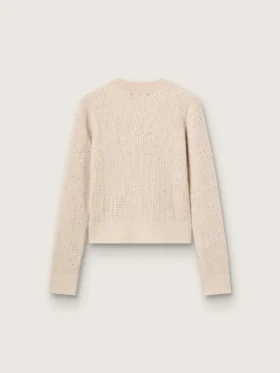 Cropped round-neck sweater in beige wool with all-over crystals
