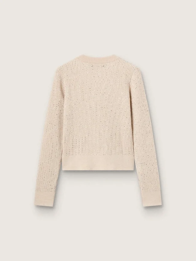Cropped round-neck sweater in beige wool with all-over crystals