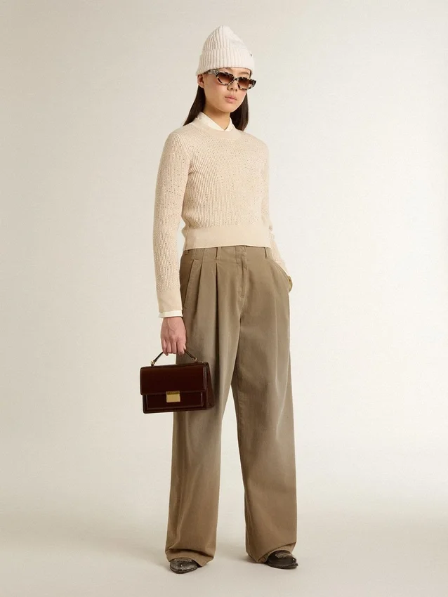 Cropped round-neck sweater in beige wool with all-over crystals