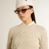 Cropped round-neck sweater in beige wool with all-over crystals