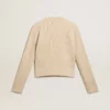 Cropped round-neck sweater in beige wool with all-over crystals