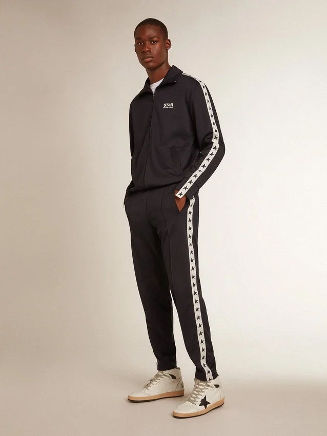 Dark blue sweatshirt with white strip and contrasting blue stars