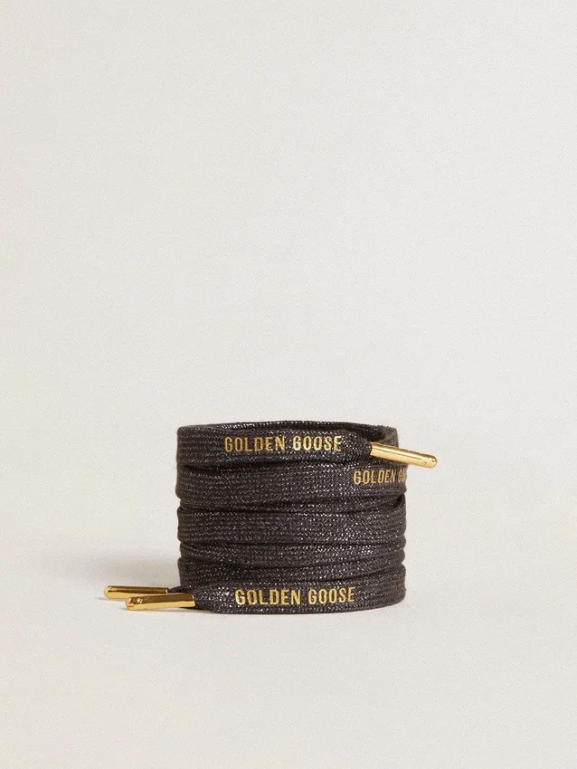 Dark gray lurex laces with contrasting gold logo