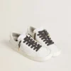 Dark gray lurex laces with contrasting gold logo