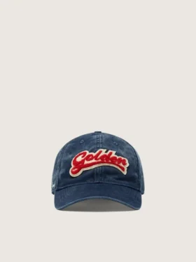 Denim blue baseball cap with red and white terry “Golden” patch