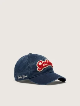 Denim blue baseball cap with red and white terry “Golden” patch