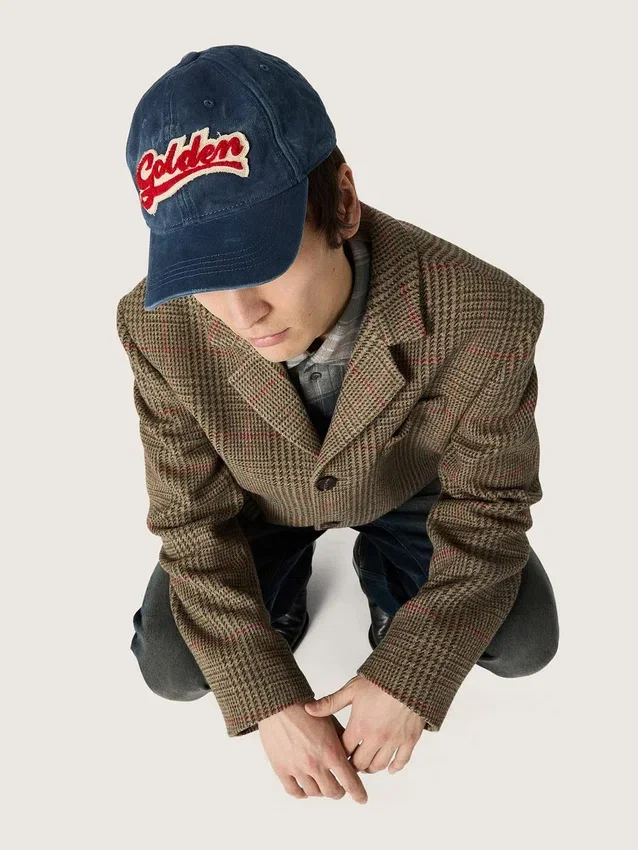 Denim blue baseball cap with red and white terry “Golden” patch