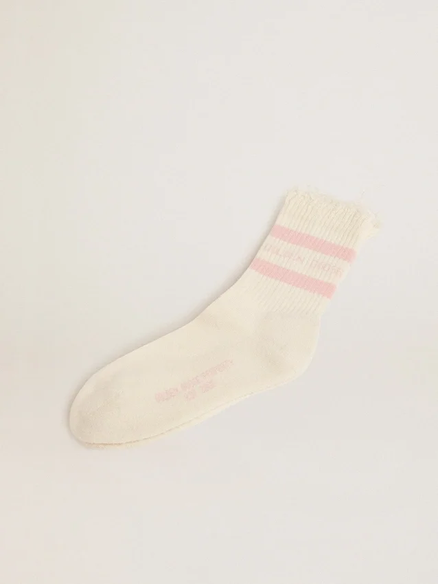 Distressed-finish white socks with baby-pink logo and stripes