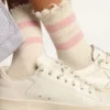 Distressed-finish white socks with baby-pink logo and stripes