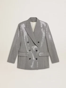 Double-breasted wool boyfriend jacket in micro houndstooth and sequins