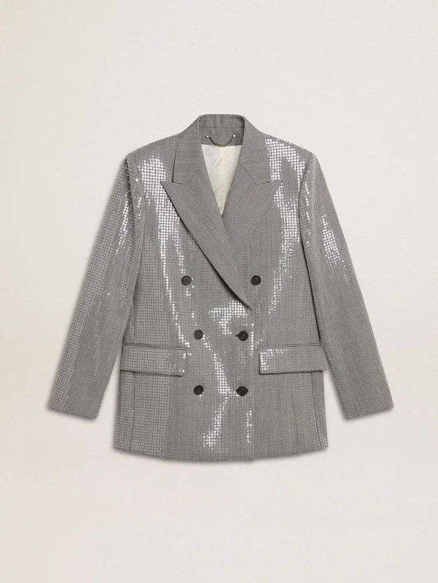 Double-breasted wool boyfriend jacket in micro houndstooth and sequins