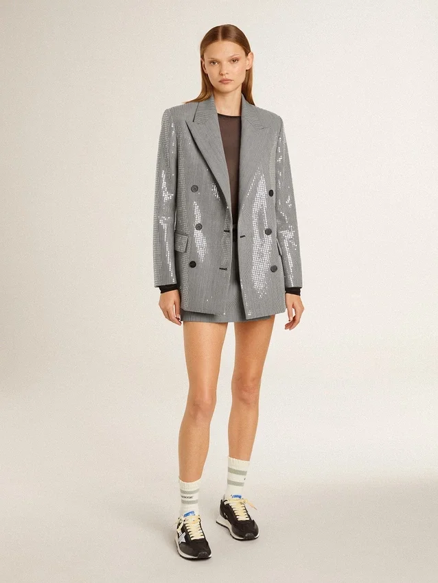 Double-breasted wool boyfriend jacket in micro houndstooth and sequins
