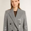 Double-breasted wool boyfriend jacket in micro houndstooth and sequins