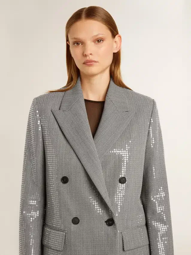 Double-breasted wool boyfriend jacket in micro houndstooth and sequins