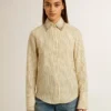 Ecru shirt with stripes and embroidered crystals