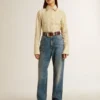 Ecru shirt with stripes and embroidered crystals