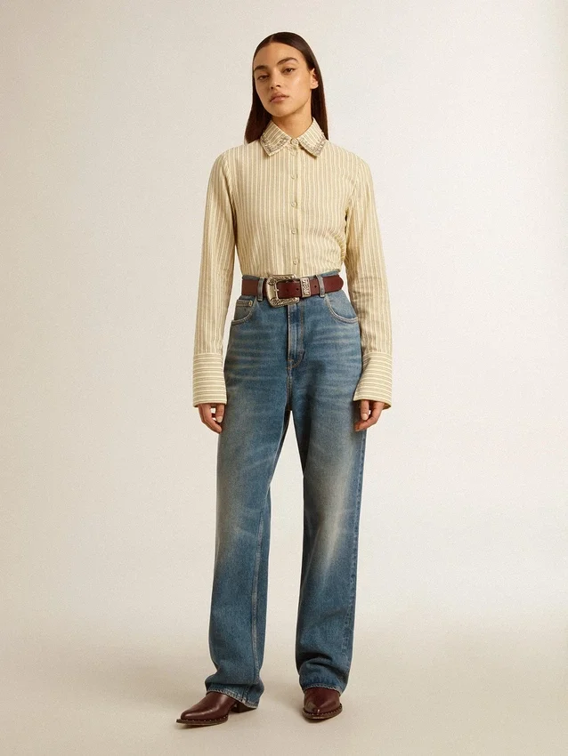 Ecru shirt with stripes and embroidered crystals
