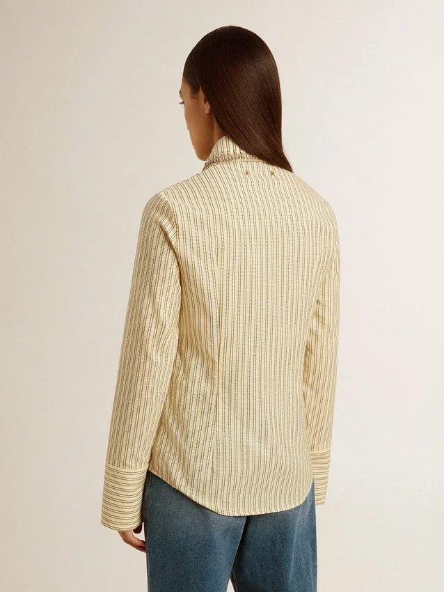 Ecru shirt with stripes and embroidered crystals