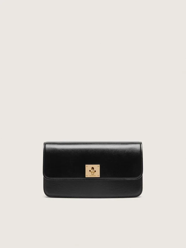 Gioia Bag in black boarded leather with gold details