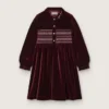 Girls’ burgundy velvet-effect dress with embroidery on the front