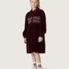 Girls’ burgundy velvet-effect dress with embroidery on the front