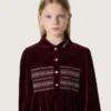 Girls’ burgundy velvet-effect dress with embroidery on the front