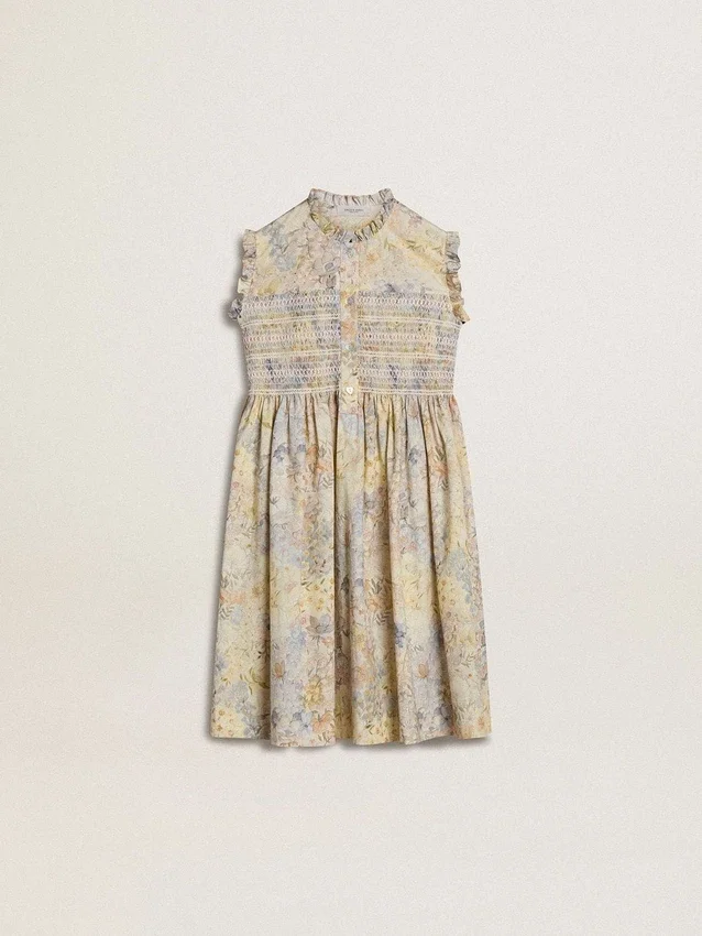 Girls' cotton midi dress with multicolor floral print