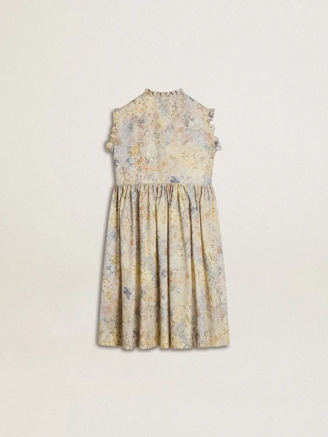 Girls' cotton midi dress with multicolor floral print