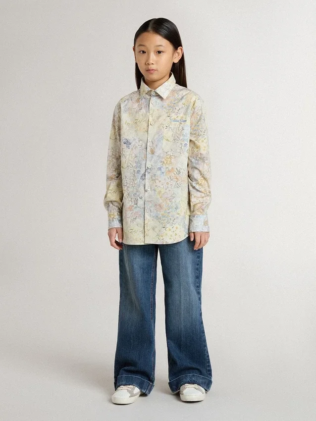 Girls' cotton shirt with multicolor floral print