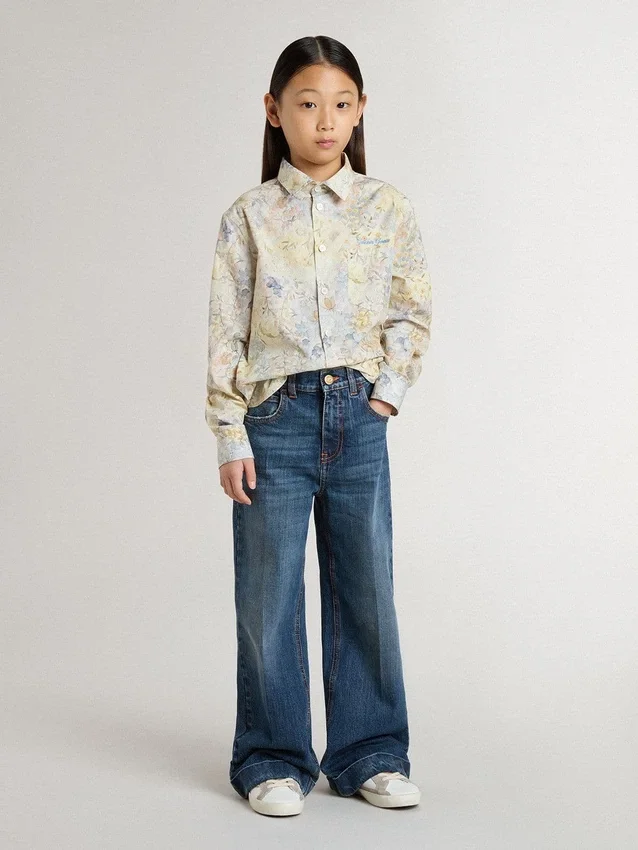 Girls' cotton shirt with multicolor floral print