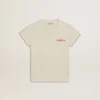 Girls' cotton T-shirt in worn white with red embroidery on the chest