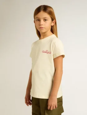 Girls’ cotton T-shirt in worn white with red embroidery on the chest