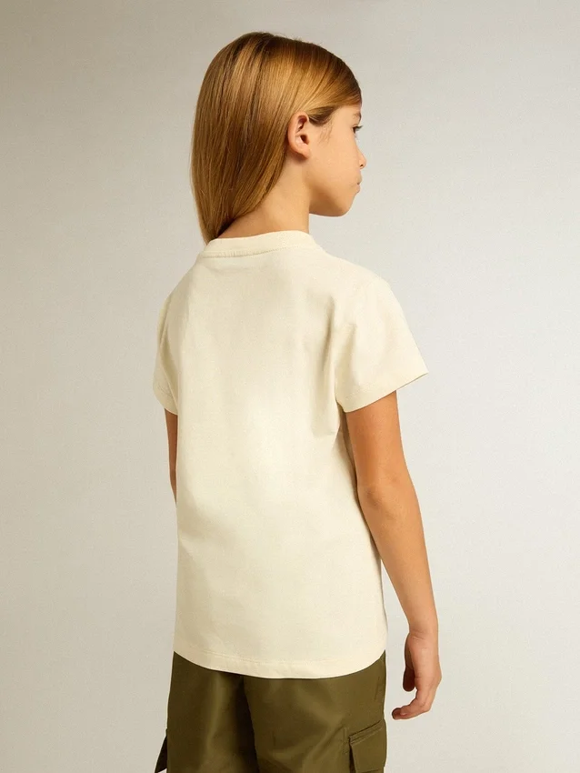 Girls' cotton T-shirt in worn white with red embroidery on the chest