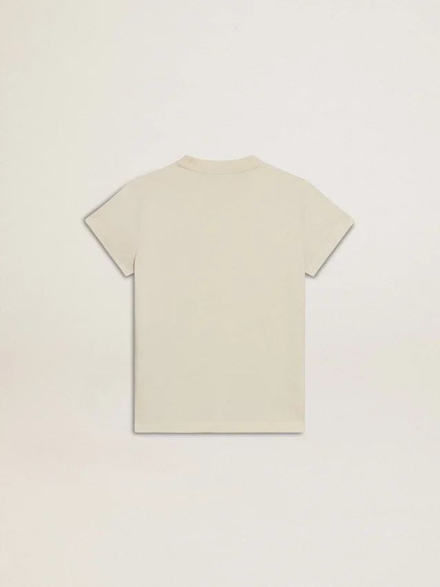 Girls' cotton T-shirt in worn white with red embroidery on the chest