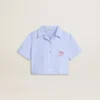 Girls' cropped shirt in striped light blue cotton