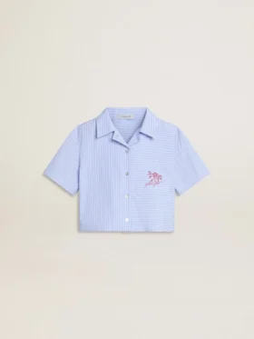 Girls' cropped shirt in striped light blue cotton