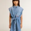 Girls' denim dress with front knot and embroidery