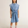 Girls' denim dress with front knot and embroidery