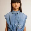 Girls' denim dress with front knot and embroidery