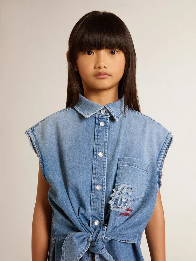 Girls' denim dress with front knot and embroidery