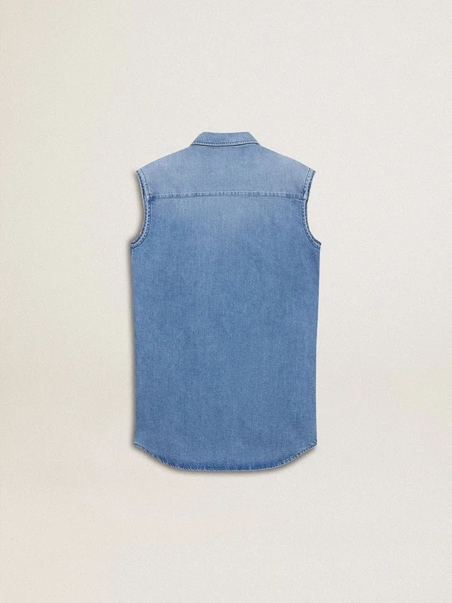 Girls' denim dress with front knot and embroidery