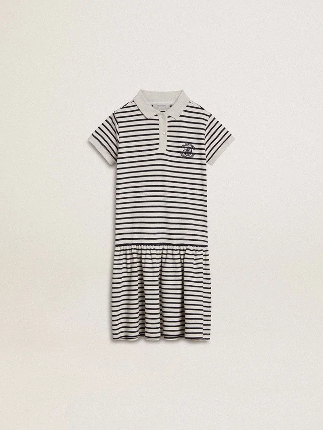 Girls' midi dress in striped cotton blend with embroidery