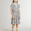 Girls' midi dress in striped cotton blend with embroidery