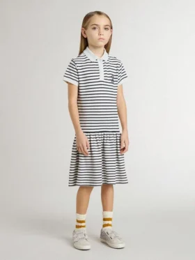 Girls’ midi dress in striped cotton blend with embroidery