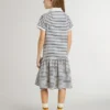 Girls' midi dress in striped cotton blend with embroidery