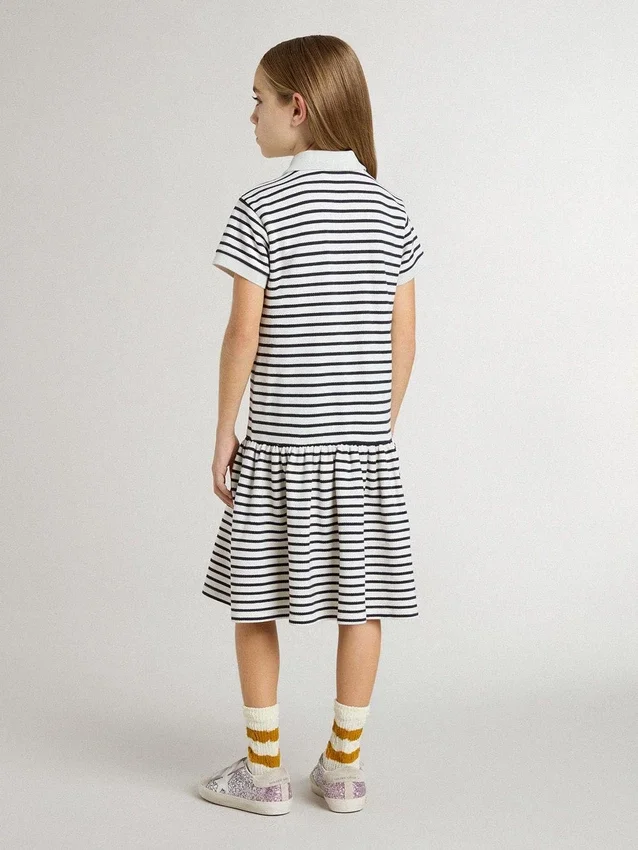 Girls' midi dress in striped cotton blend with embroidery