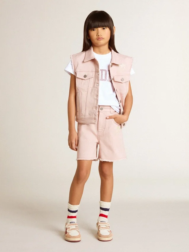 Girls' pink cotton shorts with embroidery
