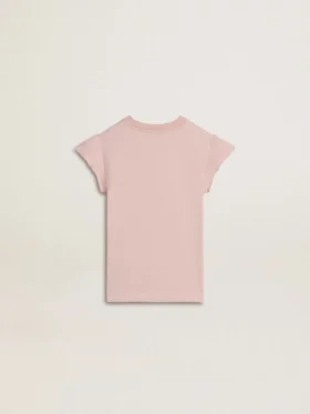 Girls’ pink T-shirt with ruffled sleeves and embroidery