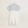 Girls’ shirt dress in white cotton canvas with a blue nautical print and white piping