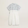 Girls’ shirt dress in white cotton canvas with a blue nautical print and white piping
